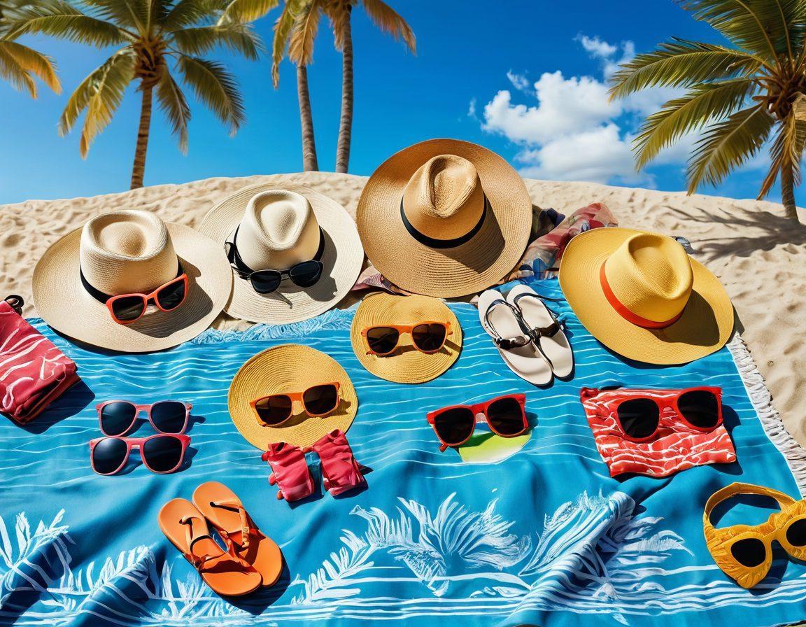 A sun-kissed beach scene featuring an array of stylish swimwear displayed on colorful beach towels, surrounded by chic accessories like oversized sunglasses, straw hats, and vibrant beach bags. Include a backdrop of gentle waves and palm trees, with a bright blue sky overhead. The overall vibe is lively and inviting, perfect for a summer getaway. super-realistic. vibrant colors. tropical theme.
